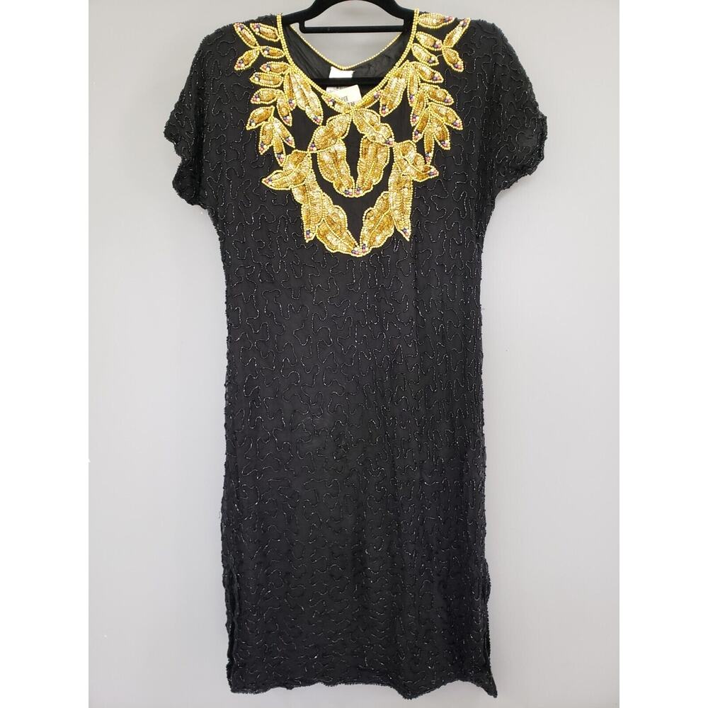 Vintage Silk Cocktail Dress 80s Sequin Flapper Wearable‎ Art Deco Beaded GATSBY